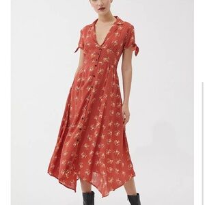 Urban Outfitters Elle Red Floral Button-Through Midi Dress